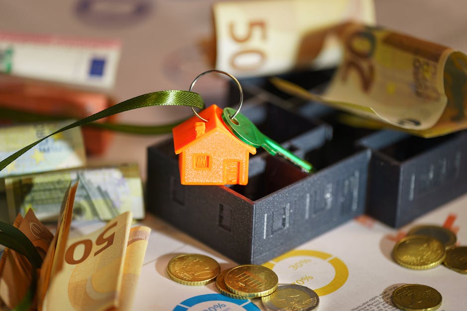 A close-up image of a small orange house-shaped keychain attached to a green plastic key, resting on top of a black foam packaging insert. Around the insert, there are various euro banknotes and gold-colored coins scattered across a surface, indicating monetary value. In the background, more banknotes are partially visible, with some folded and others flat. The scene appears to be indoors, with natural or soft lighting illuminating the objects clearly. This visual relates to home relocation and packing processes, as seen in the context of furniture transport and removal services offered by Man with Van Cockfosters, highlighting aspects of move-related valuation and careful handling of valuable items during a house move.