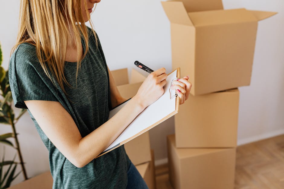 A woman with blonde hair, wearing a dark green T-shirt, is inside a home surrounded by several cardboard boxes, some stacked and open, indicating packing for a home relocation. She is holding a clipboard and writing with a black marker, likely recording inventory or details related to the move. The environment is well-lit, with a white wall in the background and a potted plant visible on the left. The boxes are sealed with brown packing tape, and the scene depicts the packing and moving process, associated with furniture transport and logistics handled by Man with Van Cockfosters as part of their removals services.